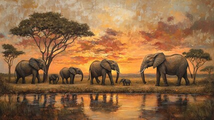 Elephant Family in Serene African Landscape - Lifelike and Detailed Painting