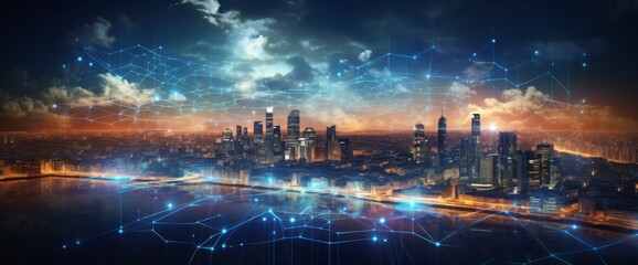 Fototapeta premium Abstract cityscape with digital data lines and night sky, futuristic skyline background. Concept of global network connection technology in an urban environment. 