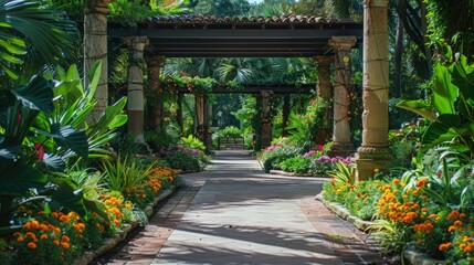 Obraz premium A public garden featuring an array of exotic plants, vibrant flower beds,