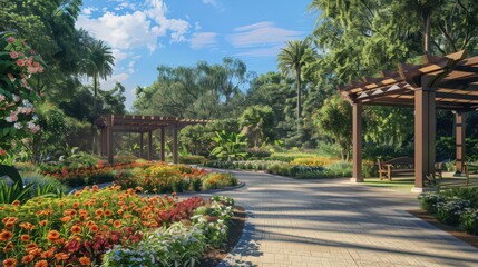 A public garden featuring an array of exotic plants, vibrant flower beds,