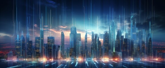 Futuristic cityscape with digital lines and data connections in the sky, wide-angle shot, city skyline at night with illuminated skyscrapers, futuristic technology concept, wide panorama. 