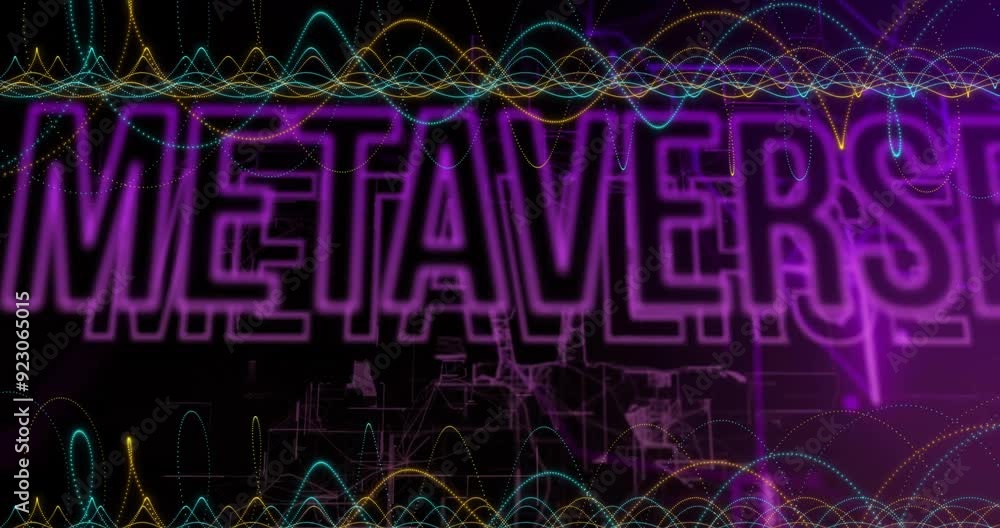 Poster text animation over colorful waveforms and abstract background in metaverse