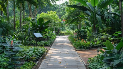 A public garden with a collection of rare and exotic plants, elegantly designed pathways,