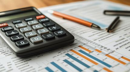 Budget and financial planning concept with a calculator and spreadsheets, analyzing company income and expenses