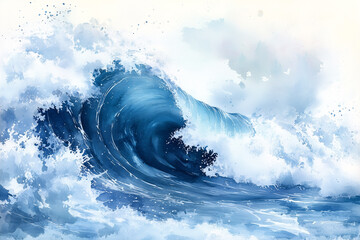 Watercolor painting of a powerful ocean wave crashes against the shore