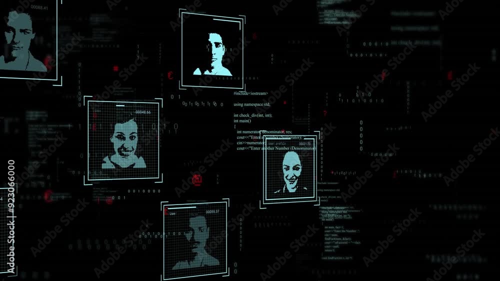 Poster facial recognition data processing animation over digital profiles and binary code