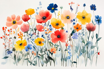 Vibrant watercolor painting of blooming flowers in various shades of red, pink, yellow, and orange