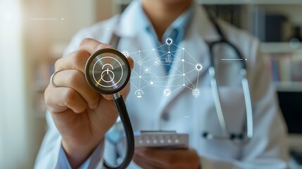 Doctor holds a stethoscope, symbolizing medical care and wellness. The image portrays the interconnectedness of healthcare and technology in the medical field.
