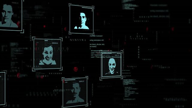 Facial recognition data processing animation over digital profiles and binary code
