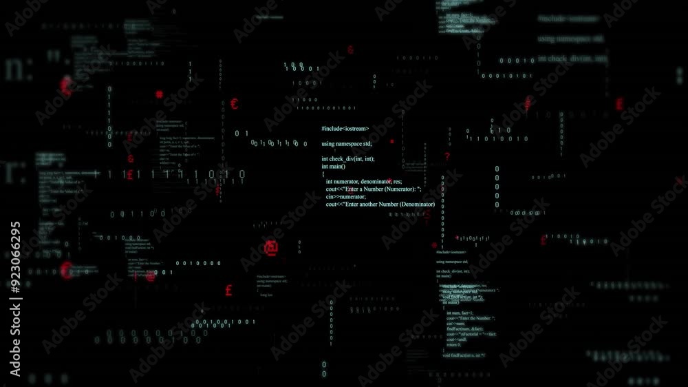 Poster scrolling code and symbols animation over dark background with scattered text