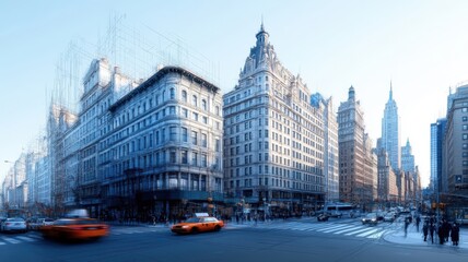 Naklejka premium A detailed cityscape sketch, featuring intricate architecture and busy street scenes in monochrome.