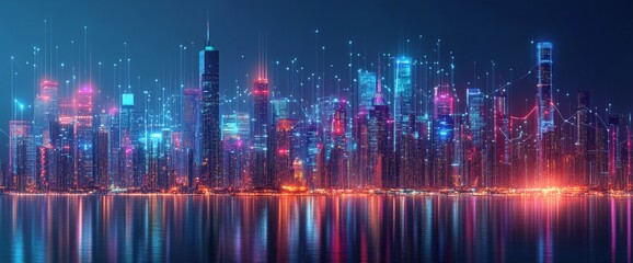 Futuristic cityscape with digital lines and data connections in the sky, wide-angle shot, city skyline at night with illuminated skyscrapers, futuristic technology concept, wide panorama. 