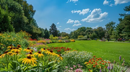 A refreshing summer day at a botanical garden with vibrant flowers, lush greenery,