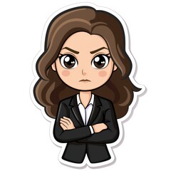 A cartoon character with long brown hair in a suit, looking serious with crossed arms.