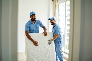 Professional Indian Movers Ready to Unwrap New Mattress into a Modern Home