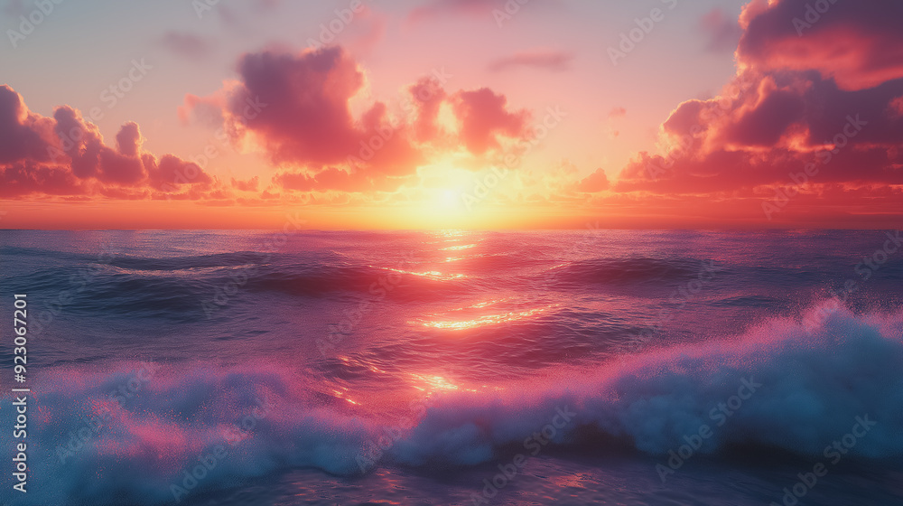 Poster scenic summer 3d background featuring a sunset over the ocean with soft waves and warm tones, ideal 