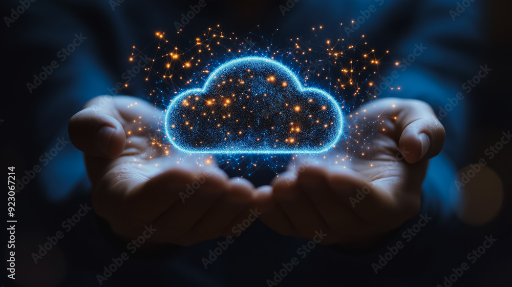 Poster modern cloud computing 3d background featuring a businessman holding a cloud computing icon network,