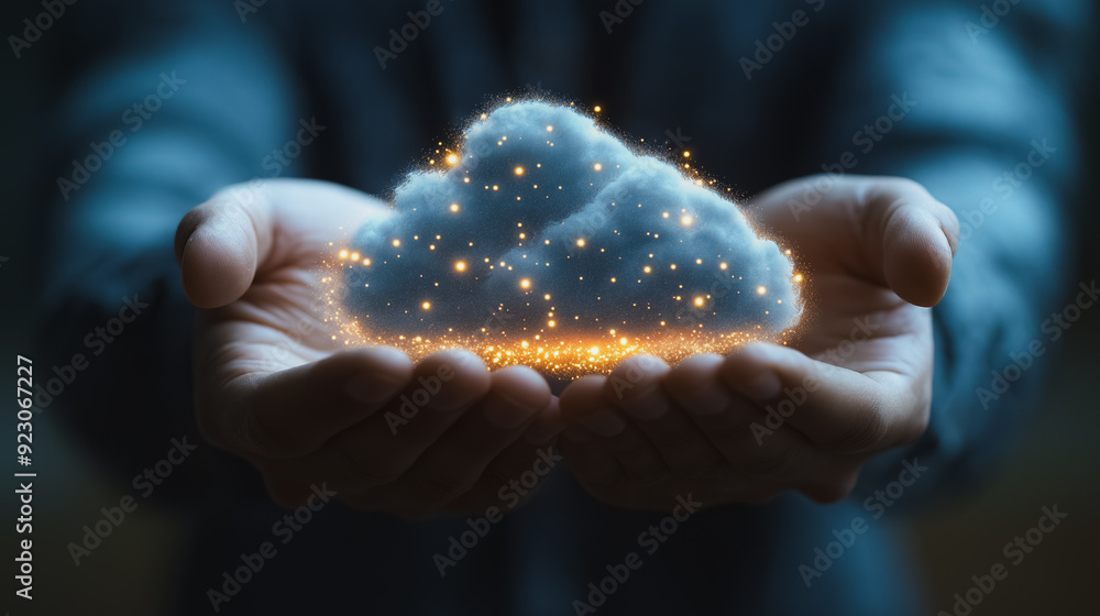 Poster modern cloud computing 3d background featuring a businessman holding a cloud computing icon network,