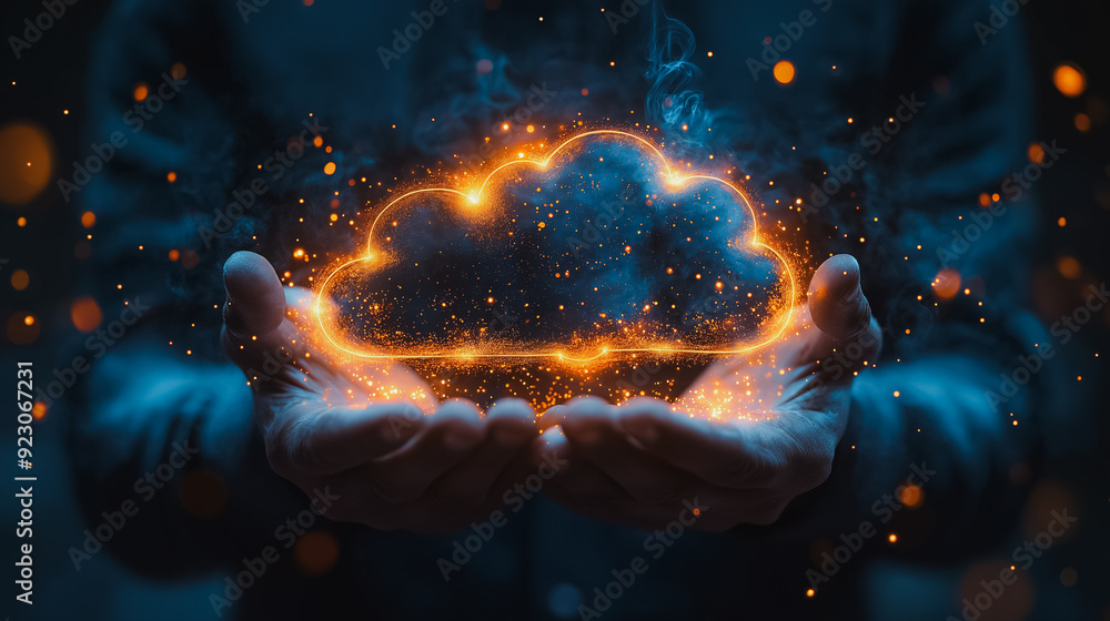 Poster Modern cloud computing 3D background featuring a businessman holding a cloud computing icon network, highlighting data transfer, secure online storage, and information upload solutions.