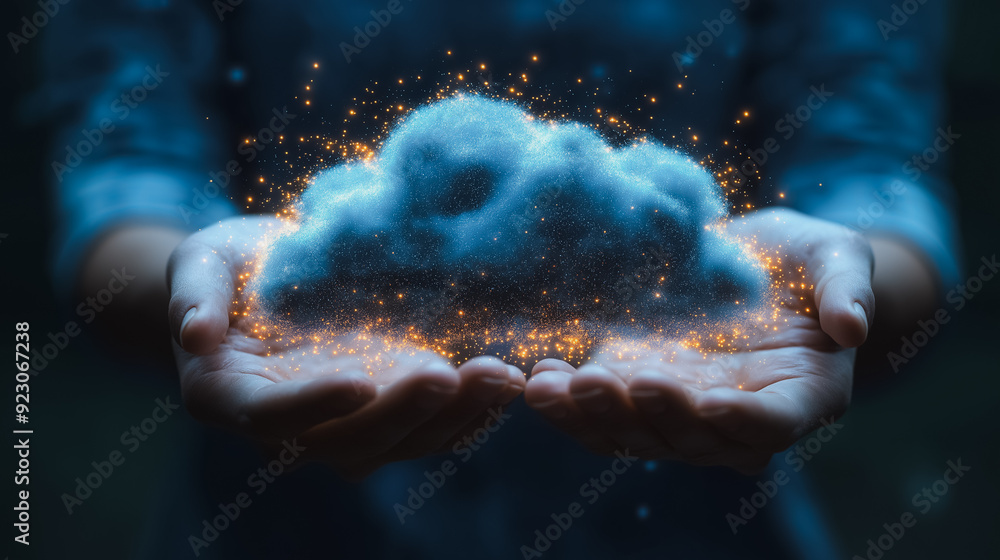 Poster modern cloud computing 3d background featuring a businessman holding a cloud computing icon network,