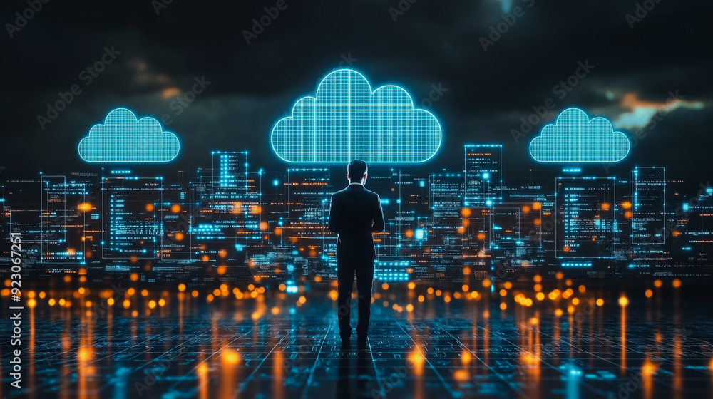 Poster professional cloud computing background with a businessman interacting with cloud icons, emphasizing