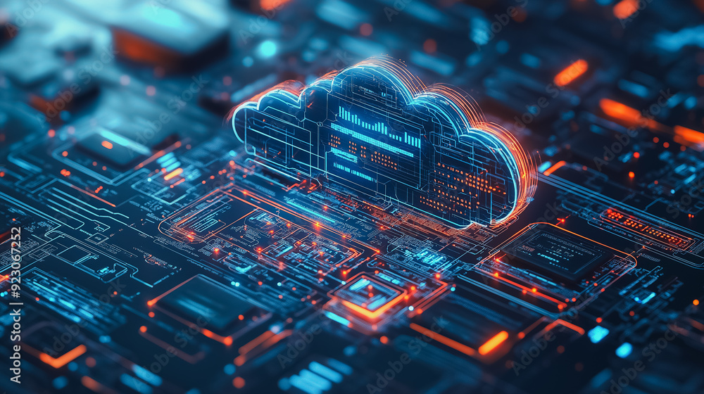 Poster high-tech cloud computing background showcasing the concept of cloud technology with visual elements
