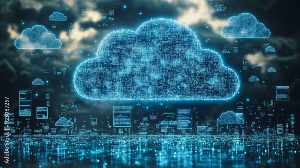 Poster professional cloud computing background with cloud icons, emphasizing secure online storage, data tr