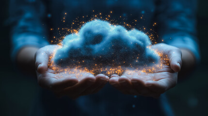 Modern cloud computing 3D background featuring a businessman holding a cloud computing icon network, highlighting data transfer, secure online storage, and information upload solutions.