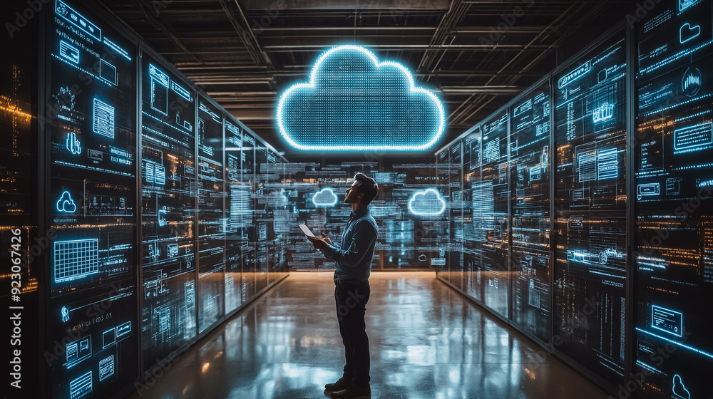 Poster professional cloud computing background with a businessman interacting with cloud icons, emphasizing