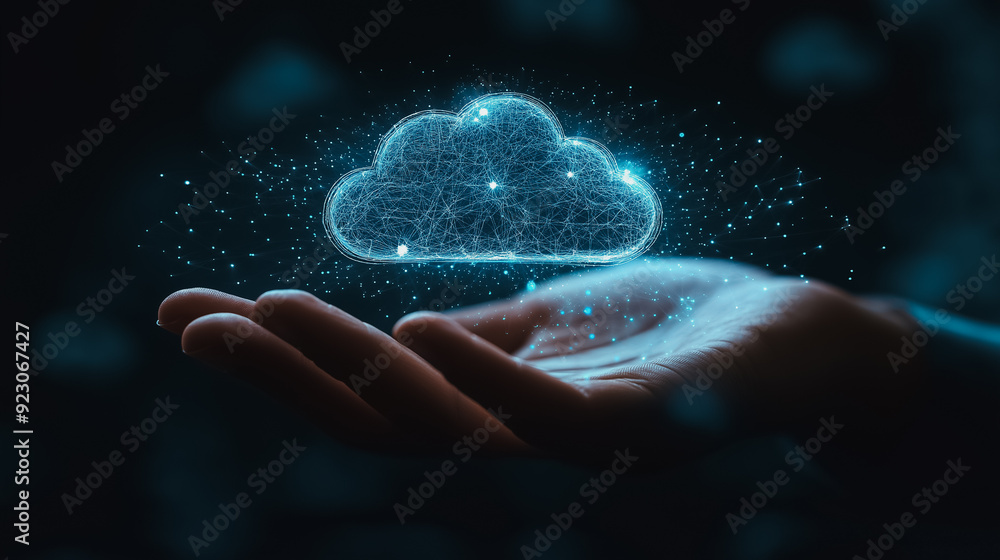 Aufkleber futuristic cloud computing background showcasing a businessman’s hand with cloud icons, representing