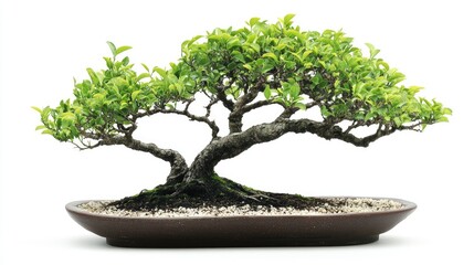 A bonsai tree with green leaves and a thick trunk in a brown pot with white gravel on a white background.