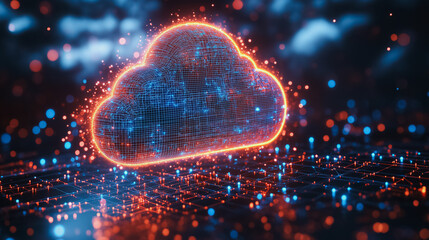 Dynamic cloud computing background featuring data upload and download, cloud networks, and secure storage, perfect for illustrating advanced cloud technology solutions.