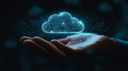 Futuristic cloud computing background showcasing a businessman’s hand with cloud icons, representing data transfer, secure online storage, and application system connectivity.
