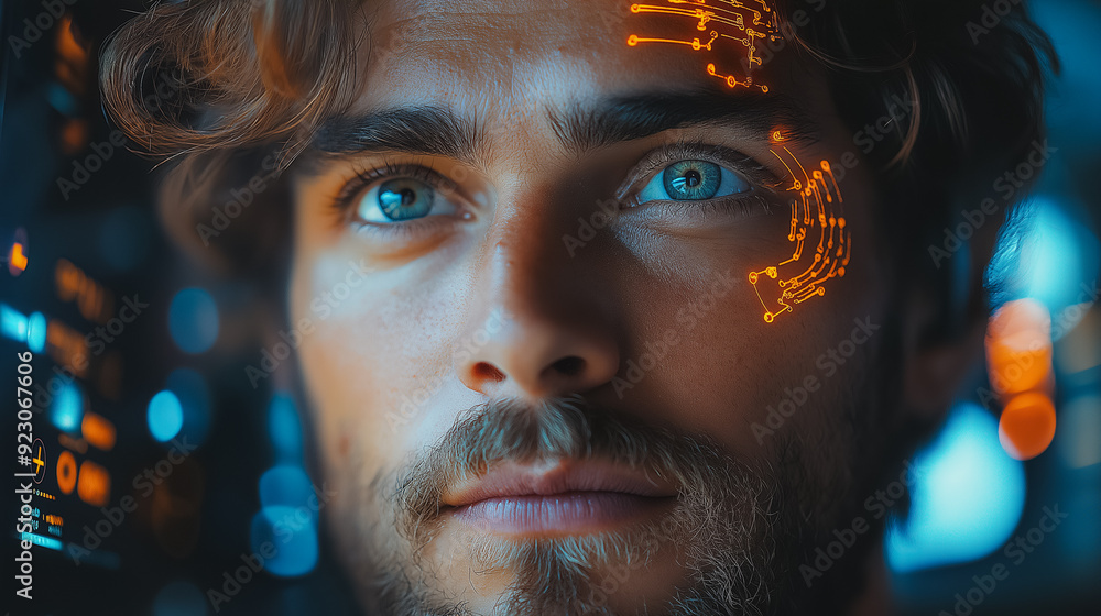 Poster man interacting with a virtual ai assistant, asking questions and receiving answers, highlighting ad