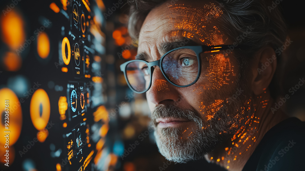 Poster man interacting with a virtual ai assistant, asking questions and receiving answers, highlighting ad