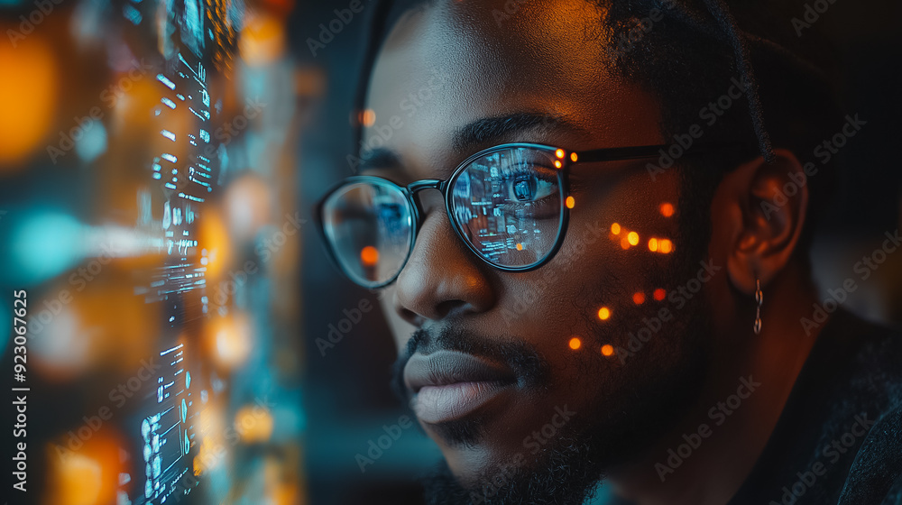 Poster man interacting with a virtual ai assistant, asking questions and receiving answers, highlighting ad