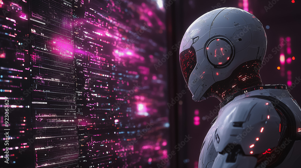 Poster futuristic scene with a man chatting with an intelligent ai, showcasing smart assistant technology a