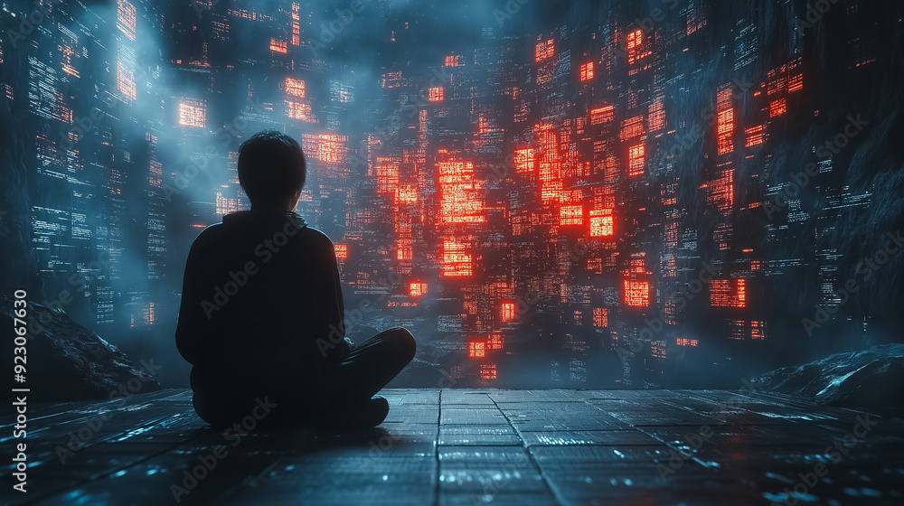 Poster virtual ai chatbot conversation with a man, focusing on artificial intelligence technology and smart