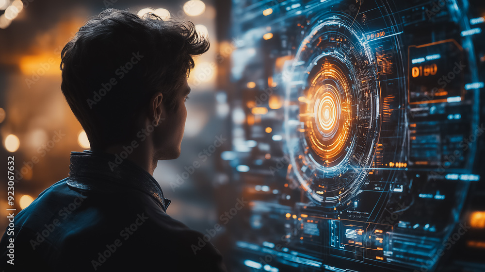 Poster virtual ai chatbot conversation with a man, focusing on artificial intelligence technology and smart