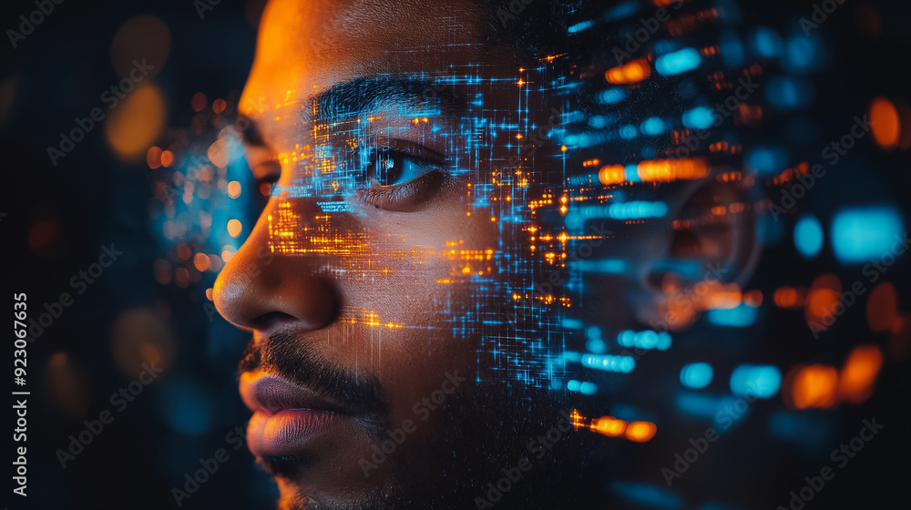 Poster man engaging with a virtual ai, asking for answers and interacting with an intelligent chatbot, illu