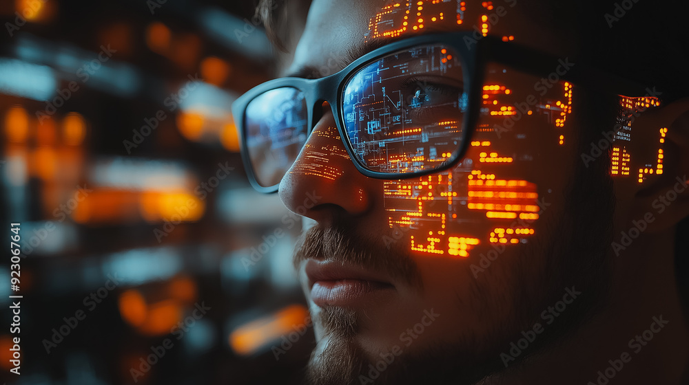 Poster man engaging with a virtual ai, asking for answers and interacting with an intelligent chatbot, illu
