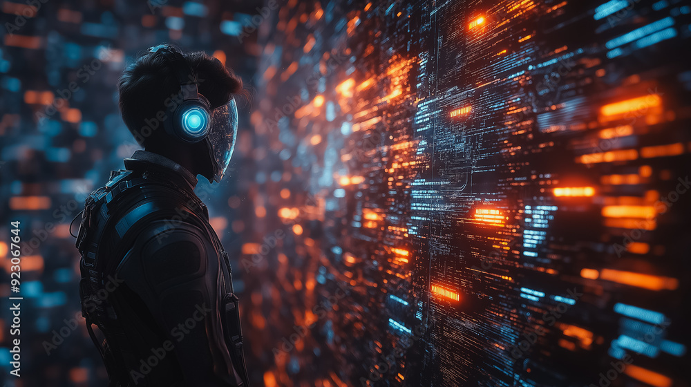 Poster high-tech background featuring a man chatting with an ai assistant, emphasizing artificial intellige