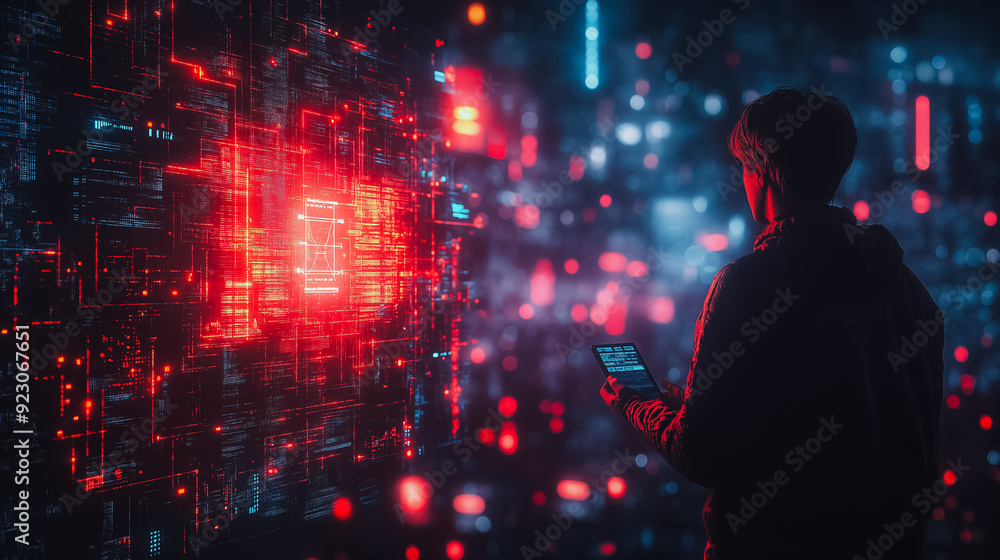 Poster high-tech background featuring a man chatting with an ai assistant, emphasizing artificial intellige