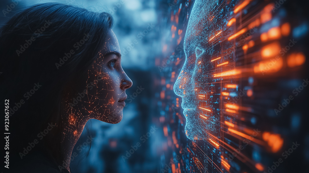 Poster high-tech background featuring a man chatting with an ai assistant, emphasizing artificial intellige
