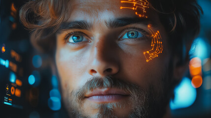 Man interacting with a virtual AI assistant, asking questions and receiving answers, highlighting advanced artificial intelligence technology and futuristic chatbot features