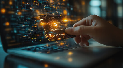Person completing a secure online payment process using a credit card on a digital platform, featuring a verification tick symbol and elements of internet banking and fintech