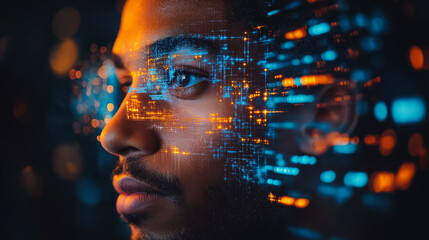 Man engaging with a virtual AI, asking for answers and interacting with an intelligent chatbot, illustrating advanced AI technology and smart assistant functions