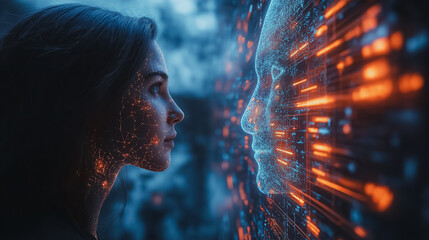 High-tech background featuring a man chatting with an AI assistant, emphasizing artificial intelligence, smart assistant technology, and futuristic chatbot interactions