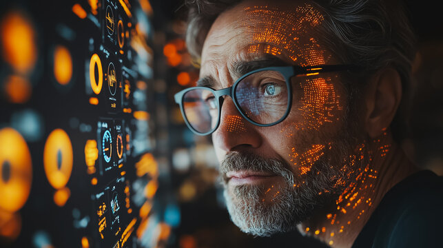 Man interacting with a virtual AI assistant, asking questions and receiving answers, highlighting advanced artificial intelligence technology and futuristic chatbot features