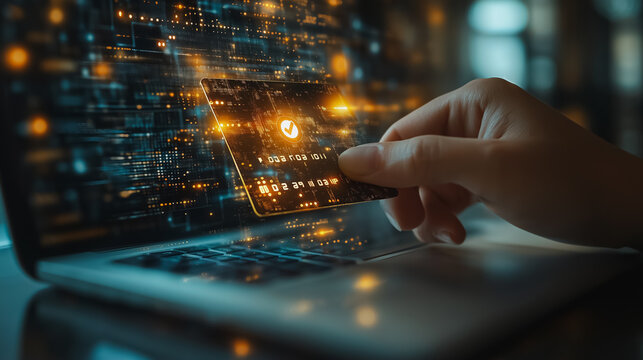 Person completing a secure online payment process using a credit card on a digital platform, featuring a verification tick symbol and elements of internet banking and fintech